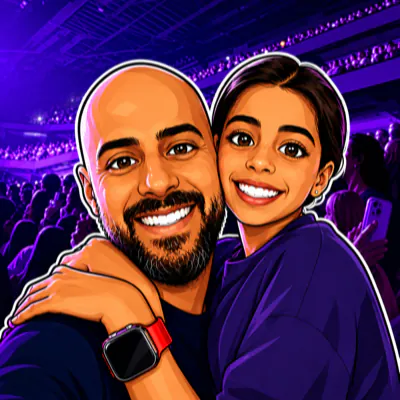 Cartoon portrait of Mika and her dad at a concert, arms around each other, the arena lit purple behind them.