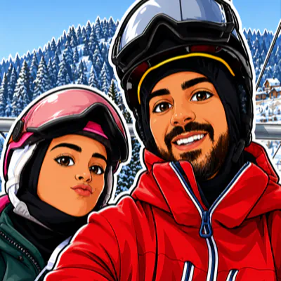 Cartoon portrait of Mika and her dad on a chairlift in helmets and goggles, snow on the pines behind them.